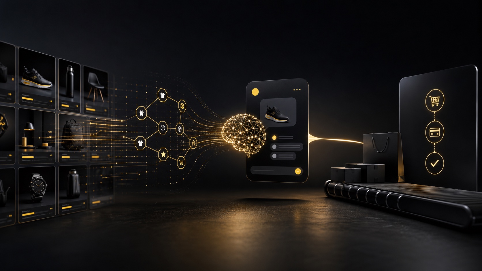 Dark editorial visualization of product catalog data flowing through AI commerce into checkout.