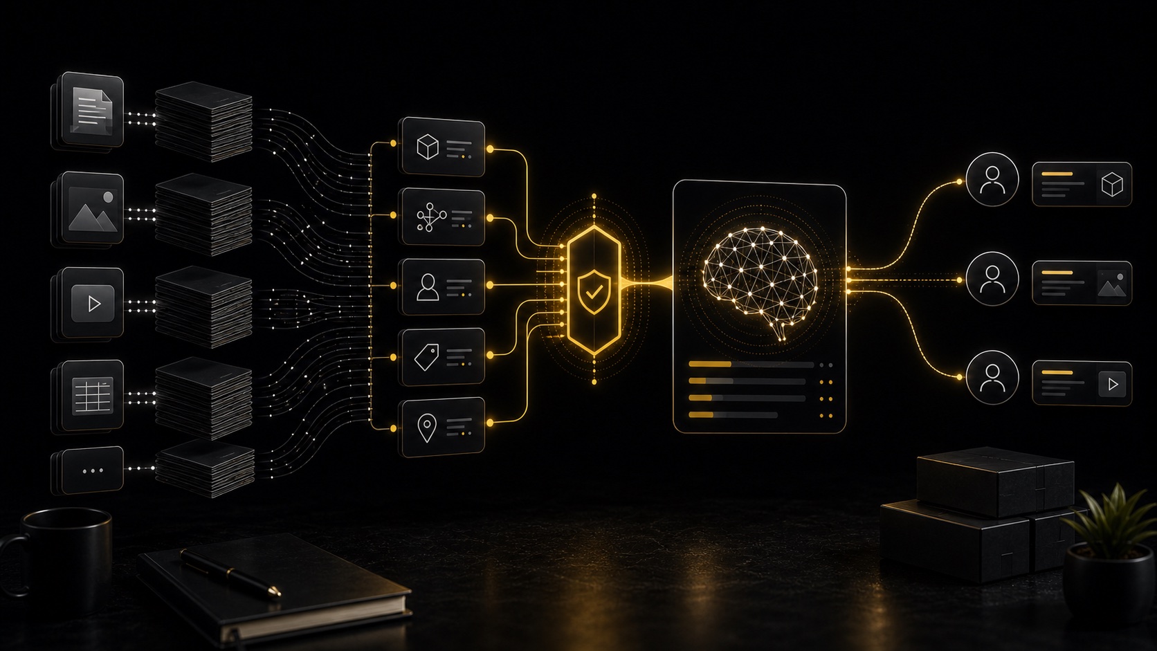 Dark editorial DataTip visual for: Google AI Mode Means Fewer Clicks and Higher Content Standards.