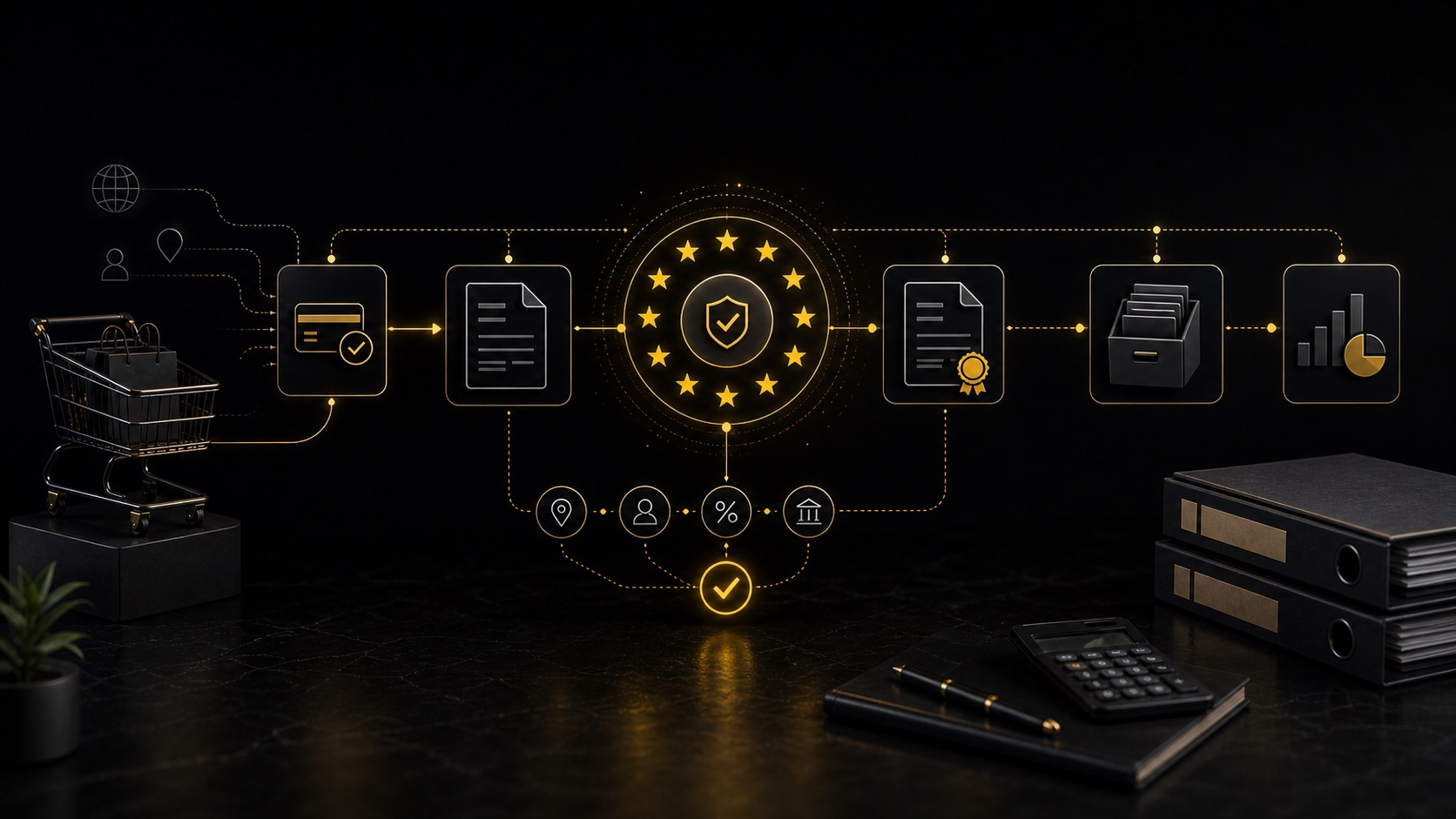 Dark editorial DataTip visual for: Shopify VAT Invoices: What EU Stores Must Get Right.