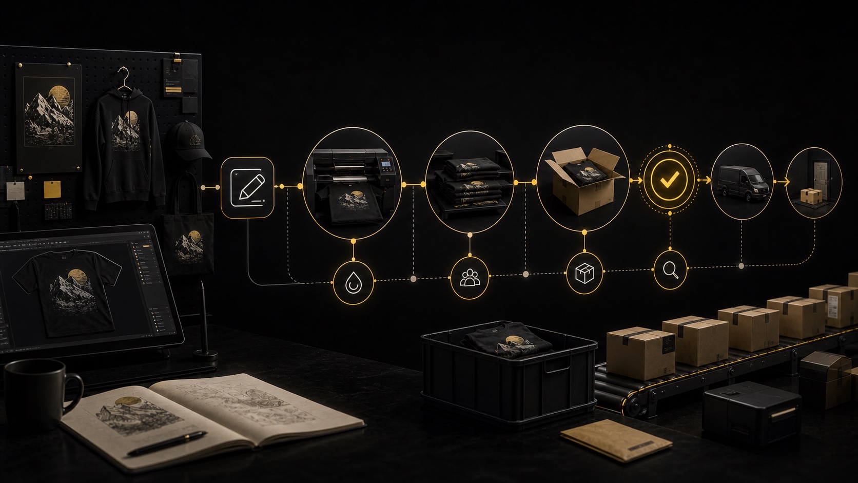 Dark editorial DataTip visual for: Print-on-Demand on Shopify: Low Inventory, Not Low Effort.