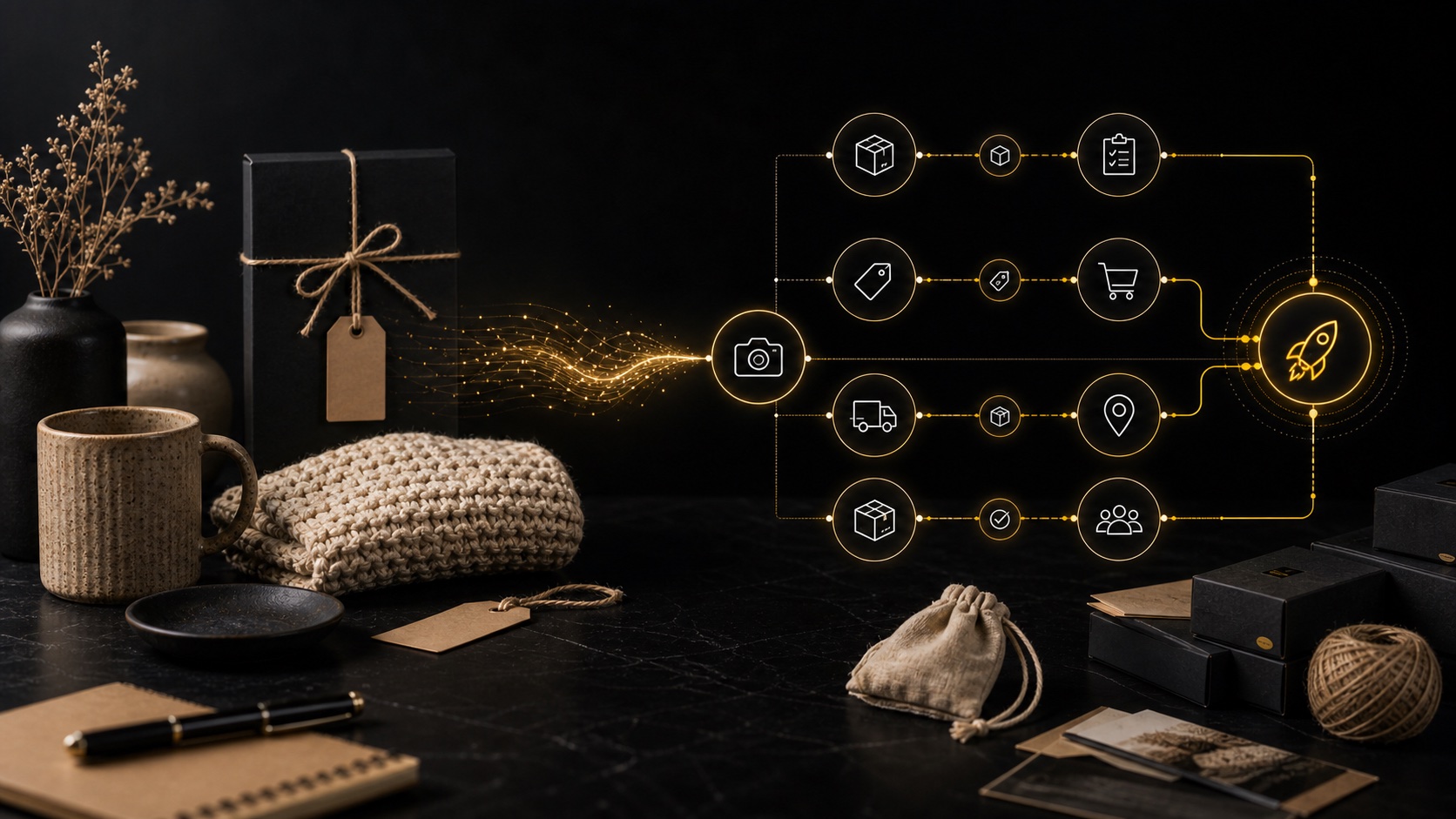 Dark editorial DataTip visual for: From Handmade Hobby to Shopify Store: The Decisions That Matter First.