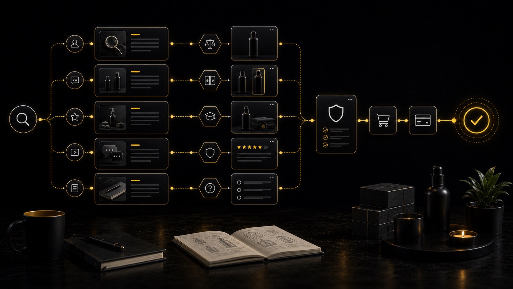 Dark editorial DataTip visual for: Shopify Blogging Works When It Supports Buying Decisions.