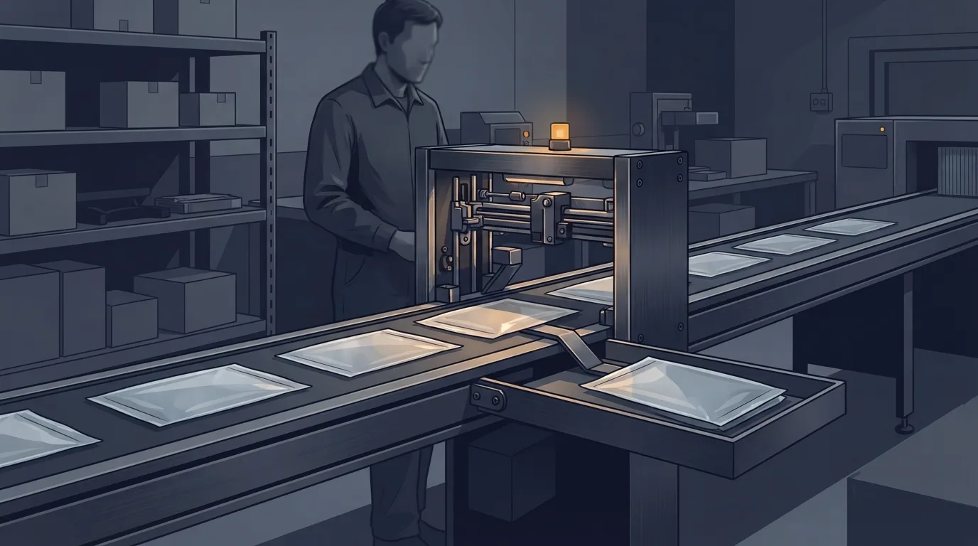 An operator examines blank sealed packets as one is diverted by a mechanical security gate into a separate tray.