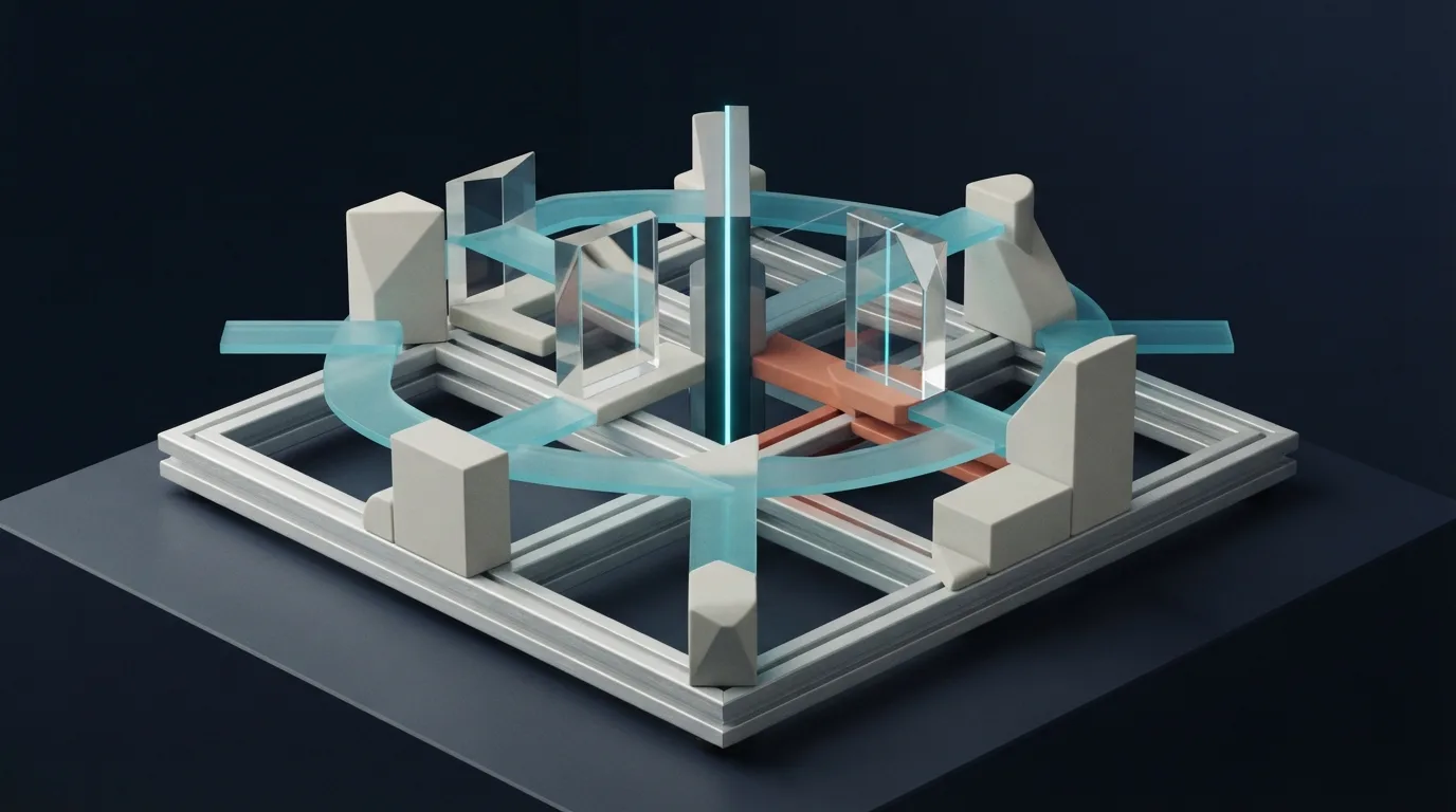 A precision measurement sculpture of faceted glass forms and mineral markers arranged within an aluminium frame, interrupted by a narrow cyan light seam.