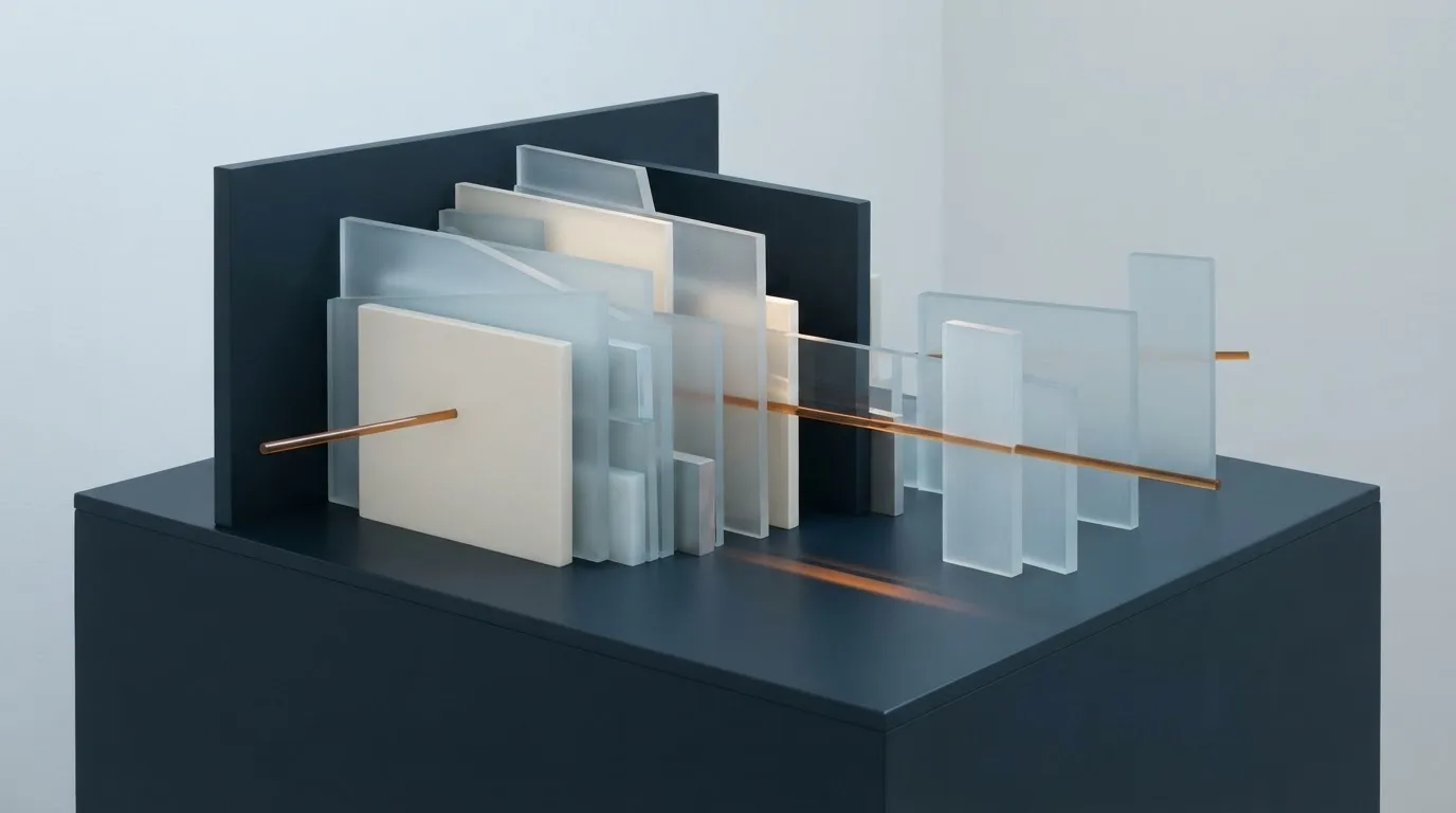 Translucent architectural slabs form an uneven passage around a narrow amber seam.