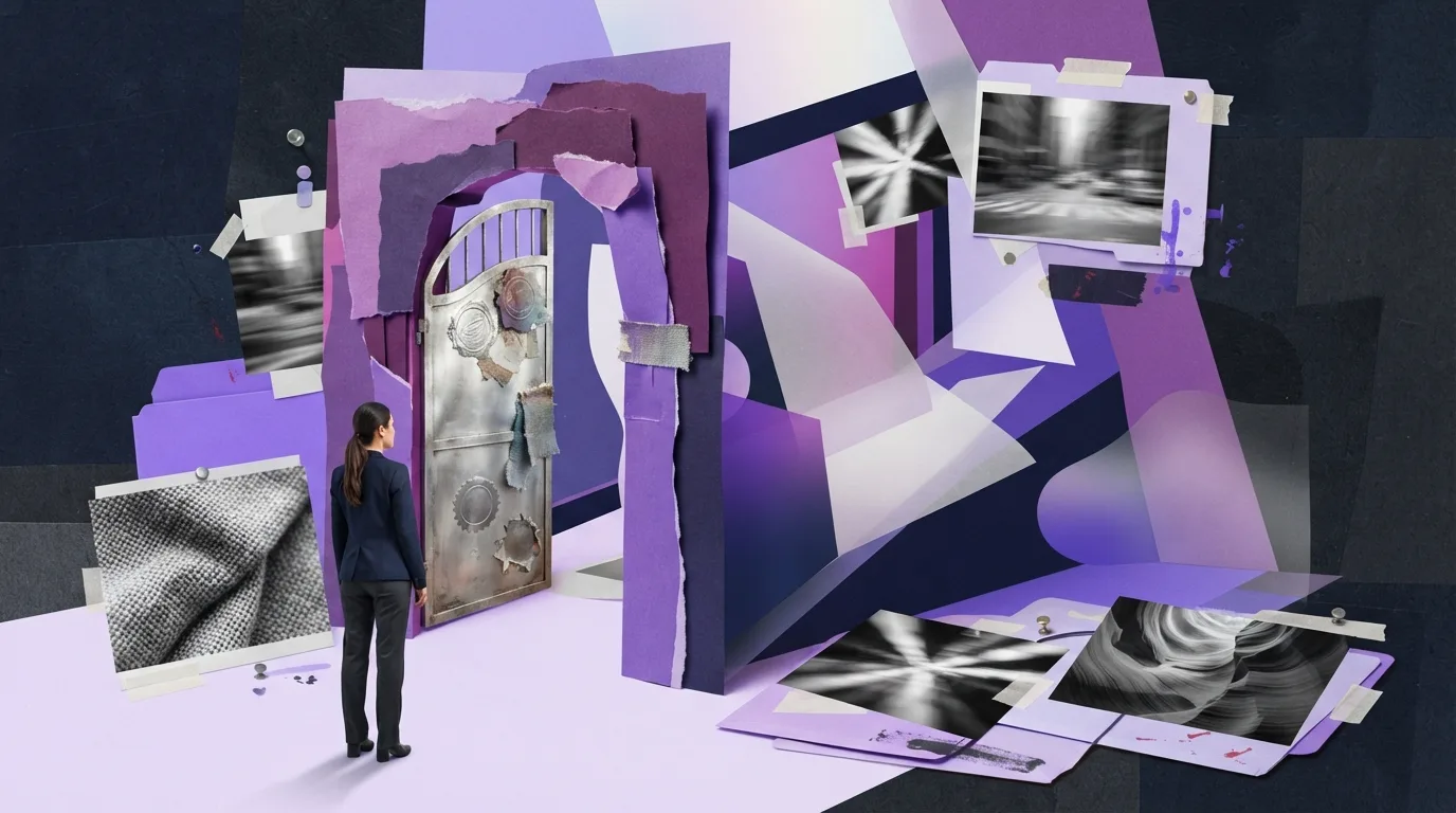A person approaches a purple paper threshold surrounded by layered folders, seals, and torn photographic fragments.