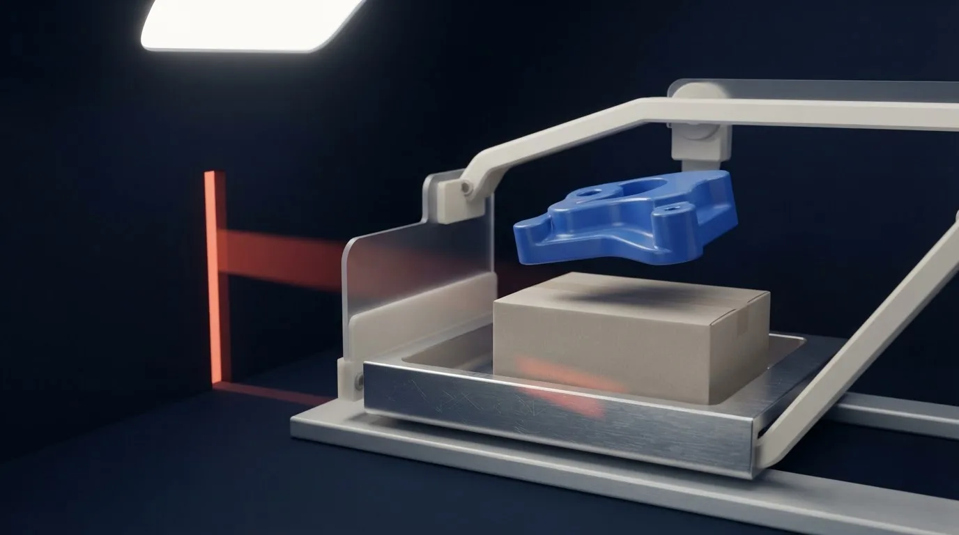 A cobalt resin agent form guides an unbranded carton through a precision sorting assembly beneath a narrow coral beam.