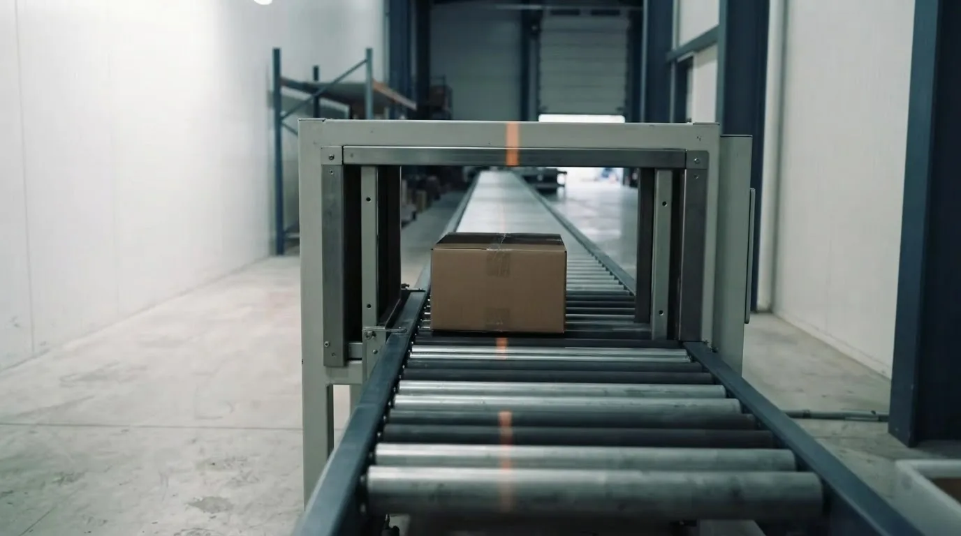 A plain return parcel moves through a stainless-steel intake gate on a quiet warehouse conveyor.