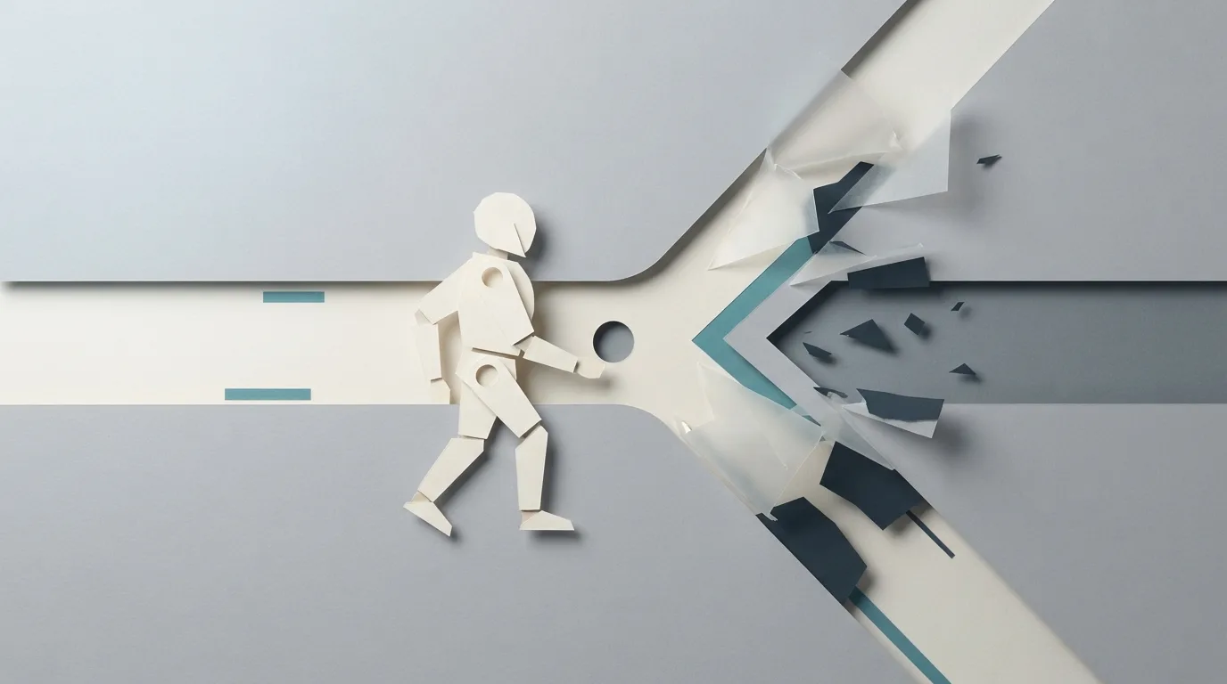 An abstract paper agent stands at a branching operational junction as one path breaks into scattered fragments.