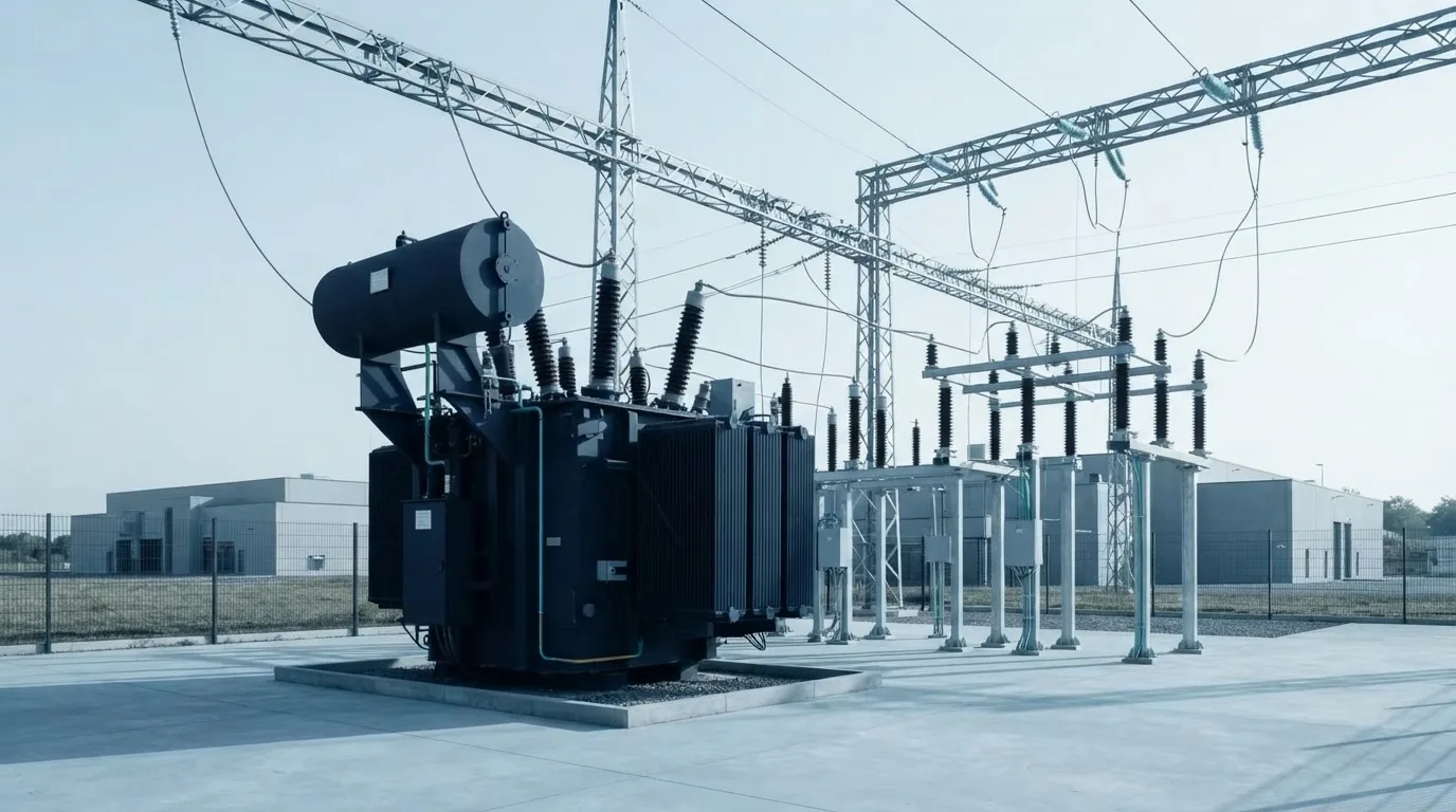 A utility substation stands between high-voltage lines and a distant data center on a cool, overcast day.