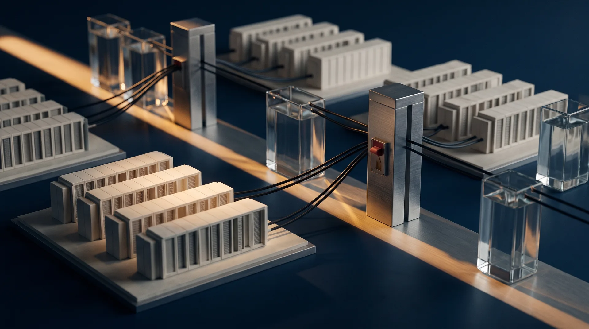 A miniature data-center landscape connects through dark cables to translucent reservoirs and weighted metal columns on a deep navy planning table.