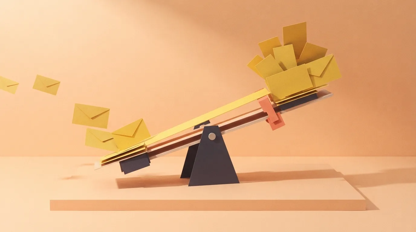 A sculptural paper balance contrasts a light stream of golden envelope forms with a fuller field of golden revenue tiles, joined by a folded strip.