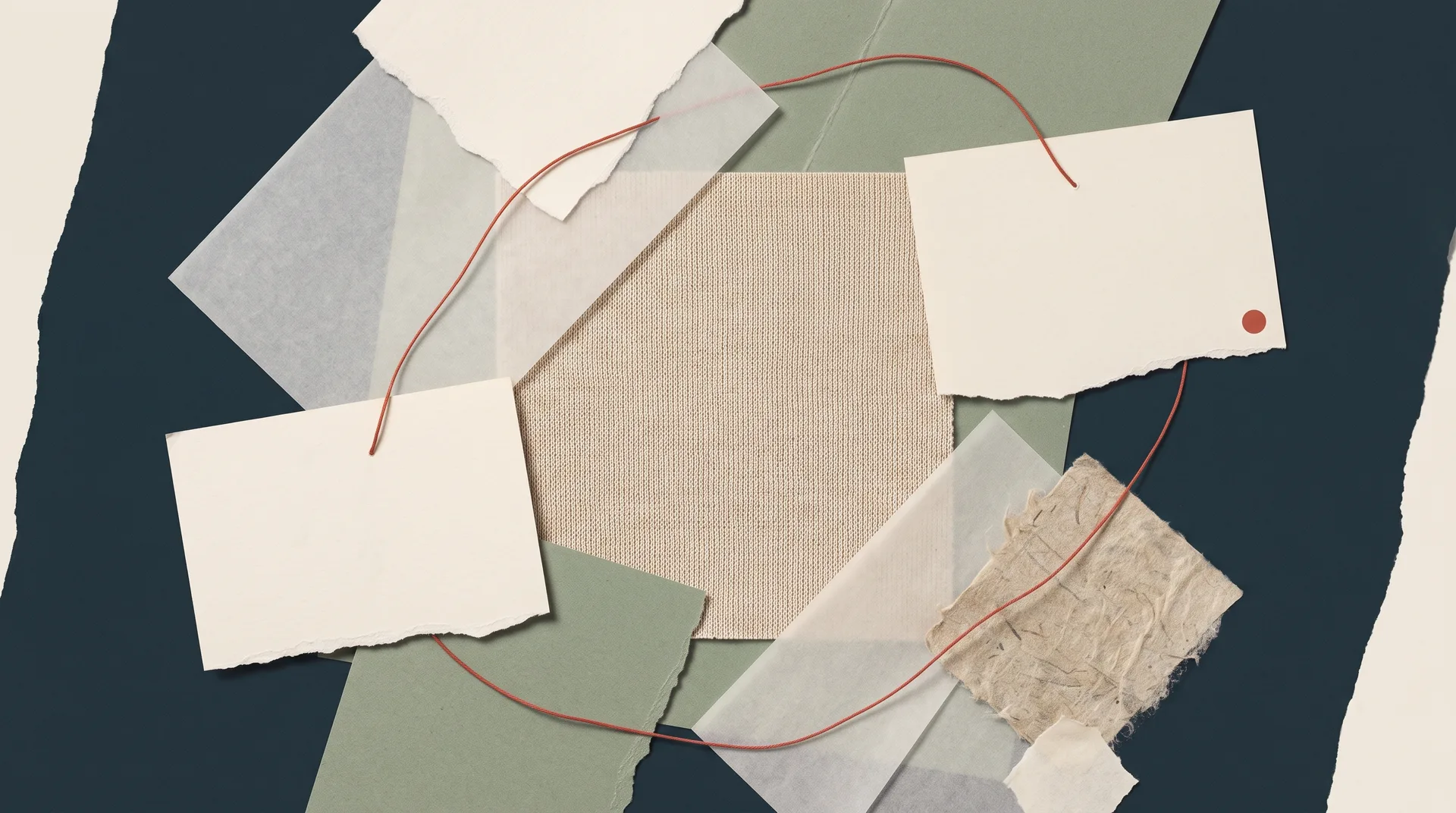 Vellum sheets, a fabric swatch and archival sample pieces linked by a fine vermilion thread on a deep slate paper field.