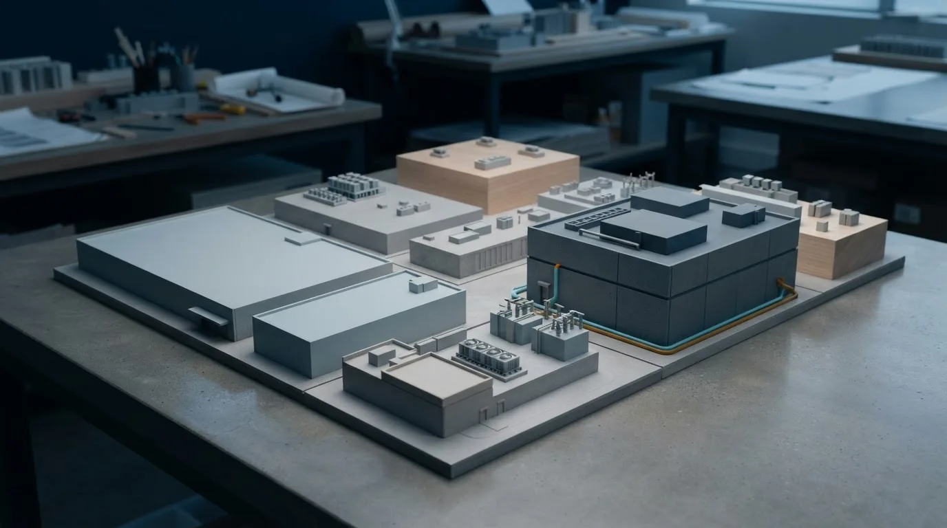 Architectural models of data center buildings show different footprints and construction forms on a studio worktable.