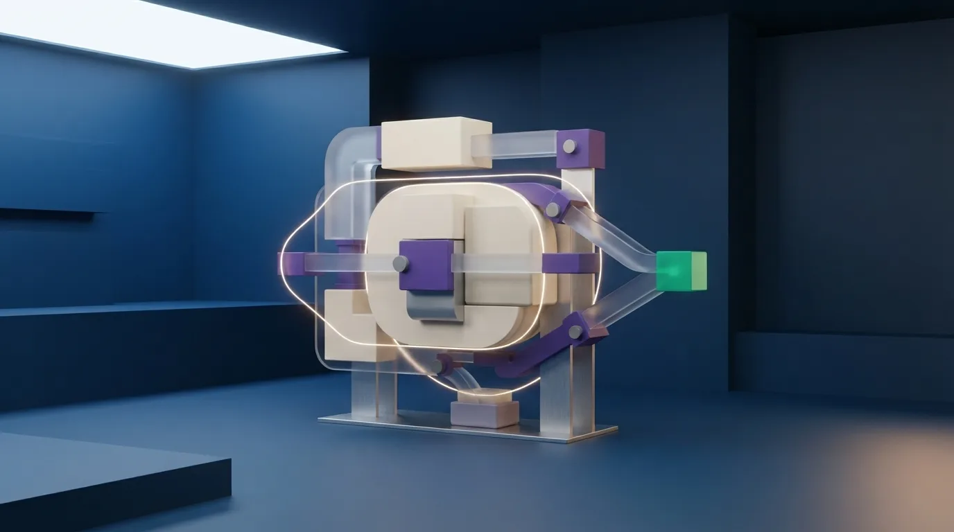 A sculptural balance compares dense cream data blocks, violet conduits, and restrained green output elements on an illuminated cobalt platform.