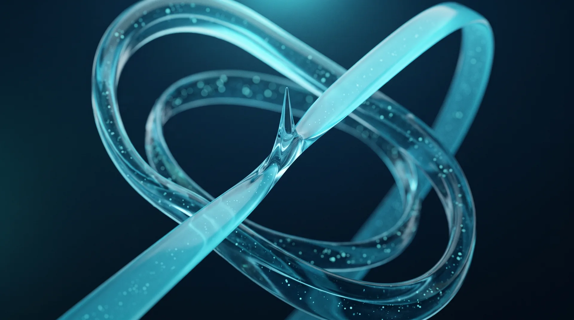 A luminous translucent ribbon threads through glass channels while suspended particles record its path.