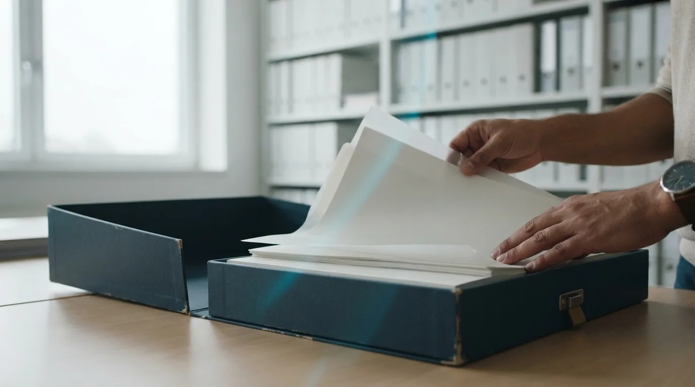A professional transfers blank archival materials into a durable storage case in a softly lit records room.