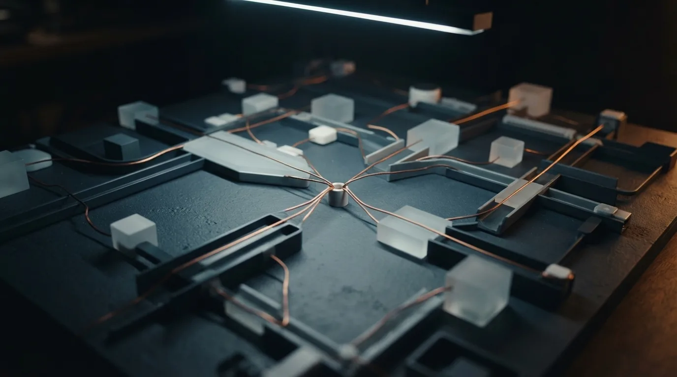 A physical infrastructure model routes separate capability paths toward a narrow copper bottleneck in a dark engineering workshop.