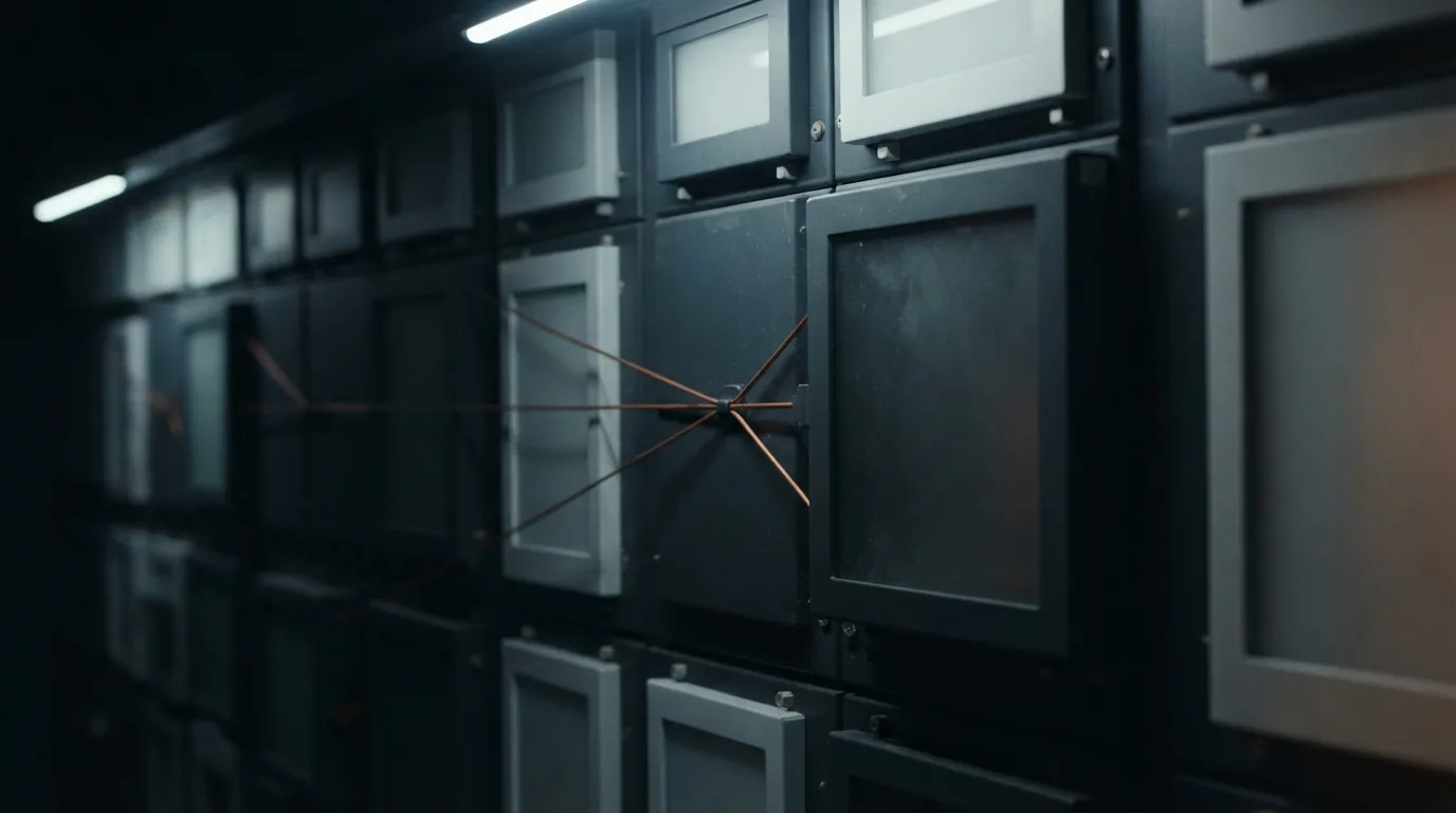 An industrial relay wall falls into shadow as a warm copper line feeds several darkened service modules through one shared junction.