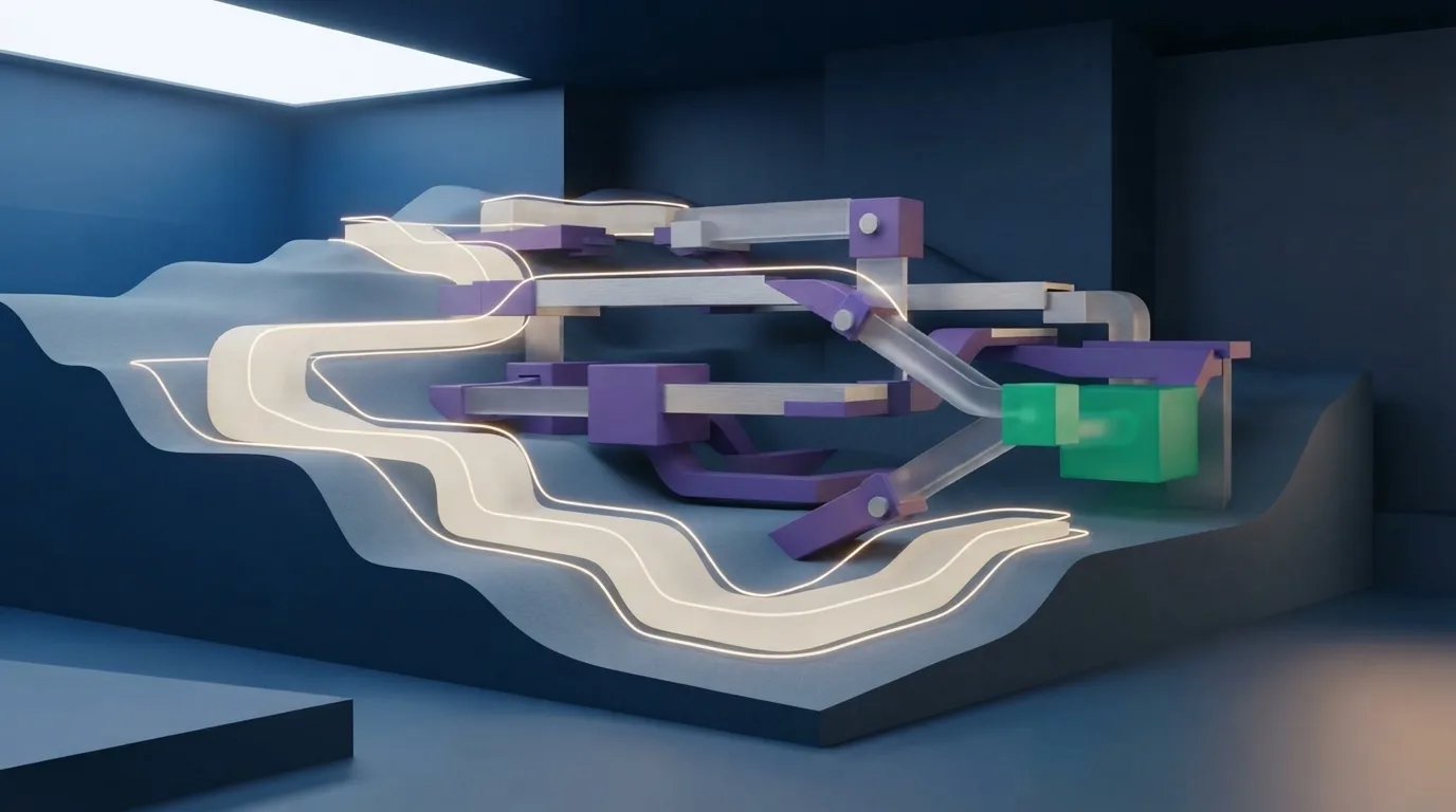 A cutaway architectural landscape shows cream data and governance structures connected by violet routes toward a small green controlled destination.