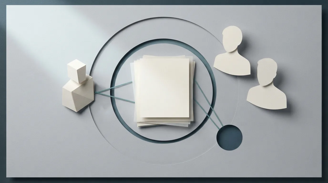 Blank policy sheets, a circular aperture, and connected paper forms create a quiet scene of collaborative insurance review.