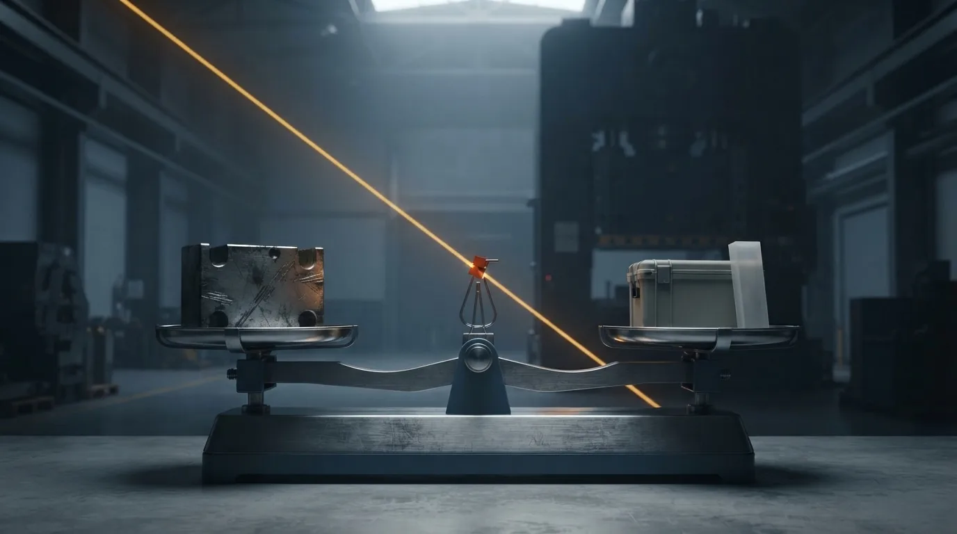 A heavy industrial balance connects a metal production component with a sealed shipping case beside a silent factory press.