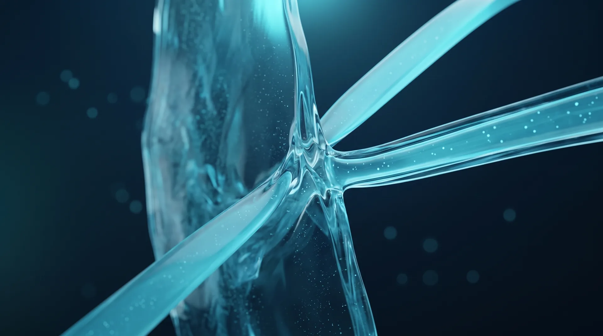 A crystalline boundary divides a diffuse particle field from a contained luminous flow.