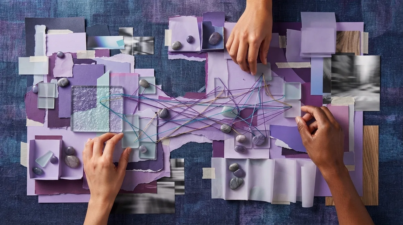 Hands arrange translucent purple tiles and weighted objects across a tactile planning surface.