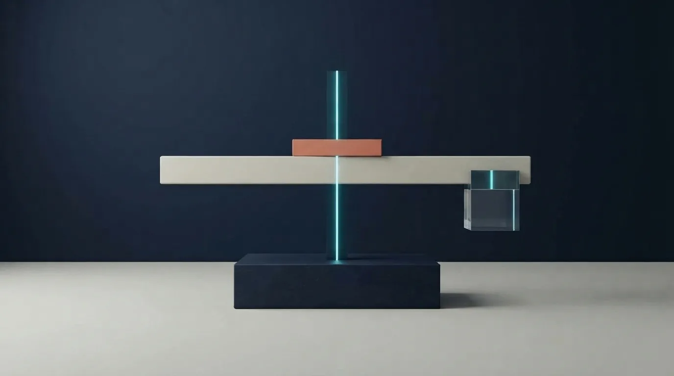 A sculptural balance separates neutral mineral forms from a coral uncertainty marker beside a vertical cyan seam.