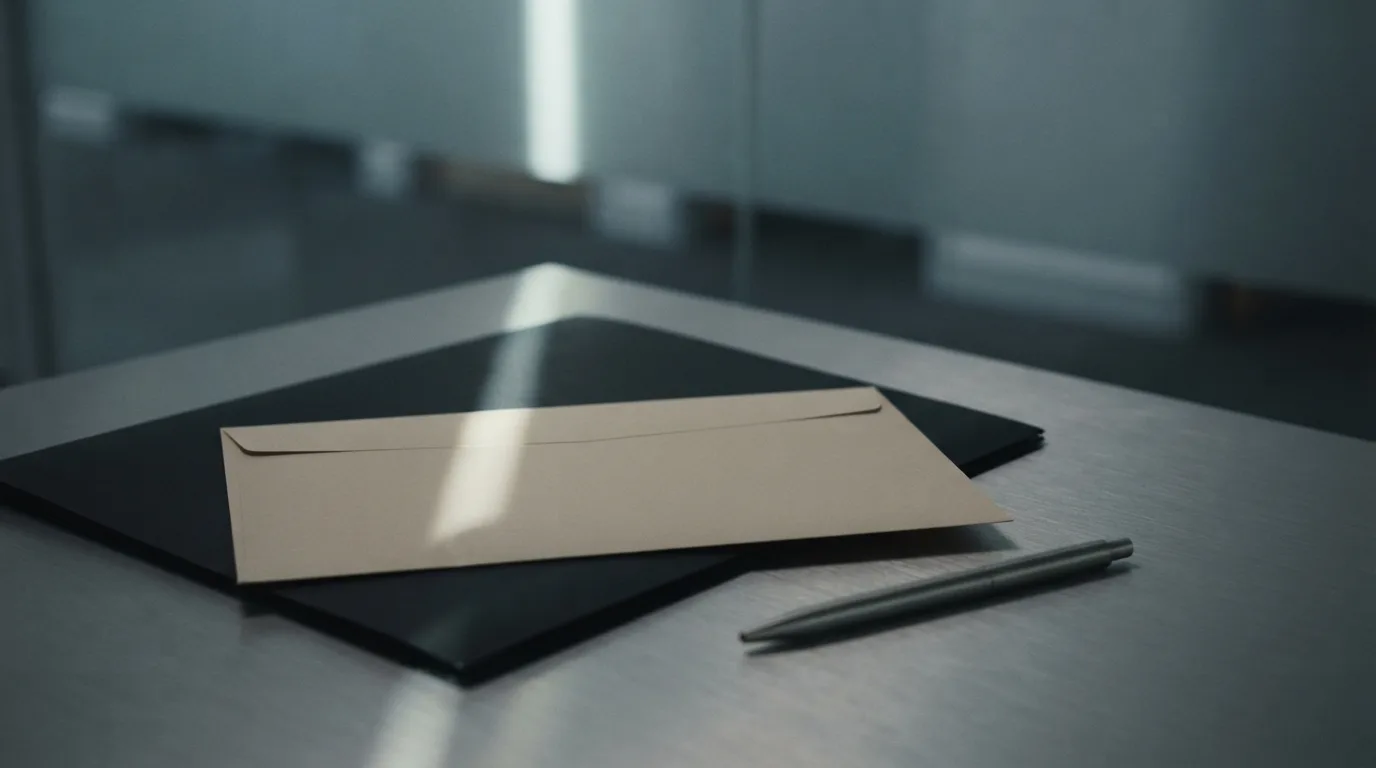 A blank sealed envelope rests on a brushed metal desk beside a dark legal folder in a cool office.