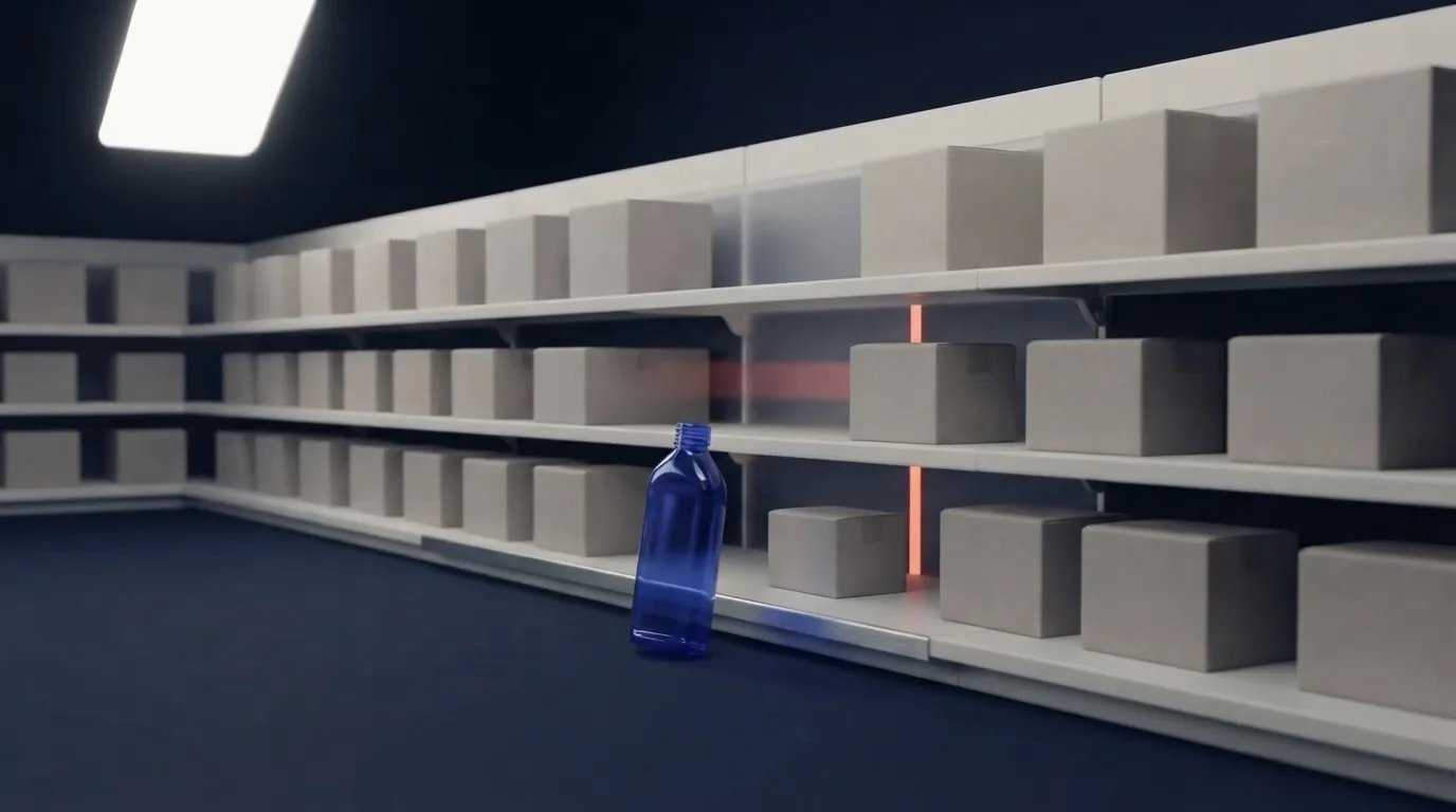 A cobalt glass form selects a plain carton beside a long, orderly merchandising structure with a coral reflection crossing its surface.