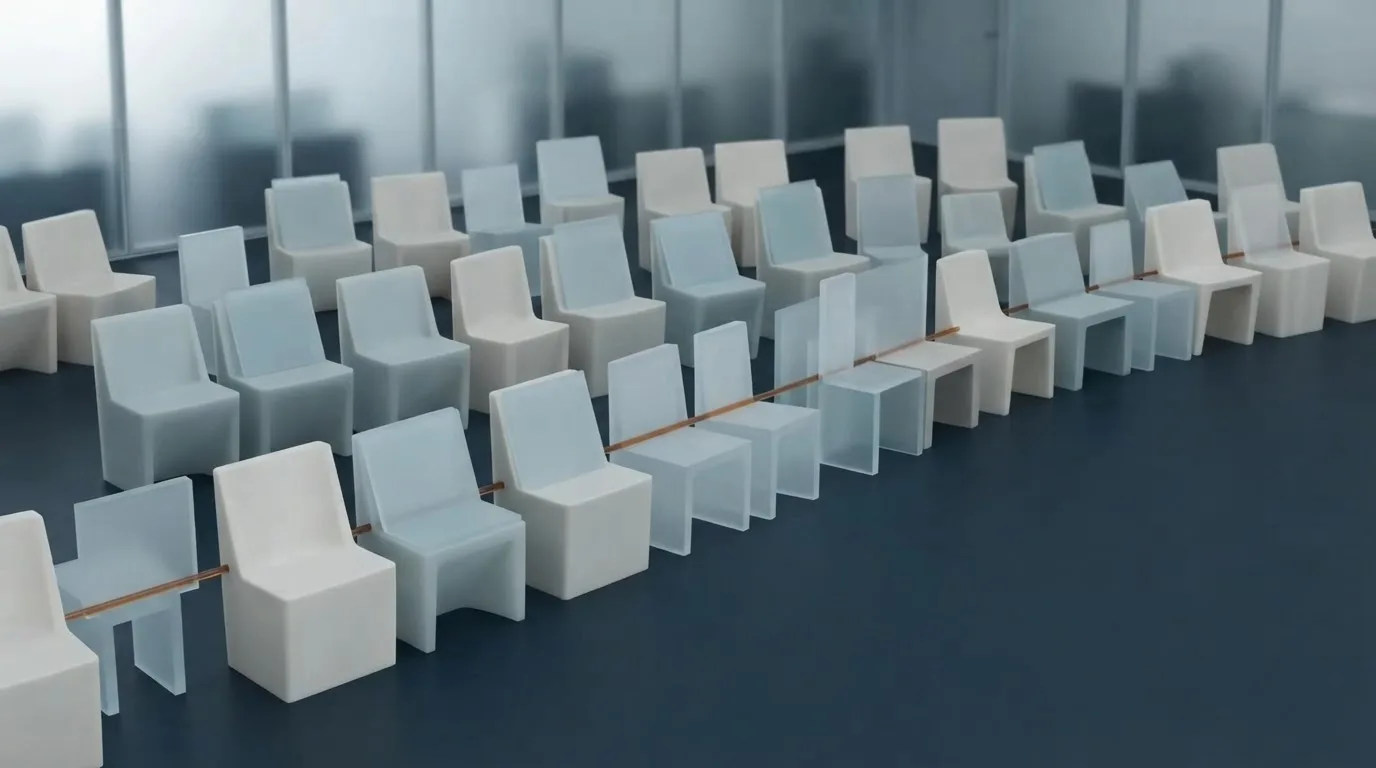 Empty translucent seat forms stand apart from a smaller cluster connected by a fine amber seam.