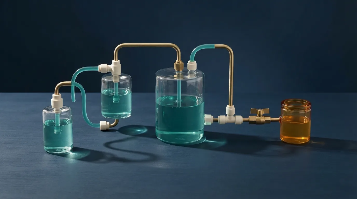 Glass reservoirs connected by brass tubing show a cool teal flow held apart from a smaller amber reserve on a dark mineral surface.