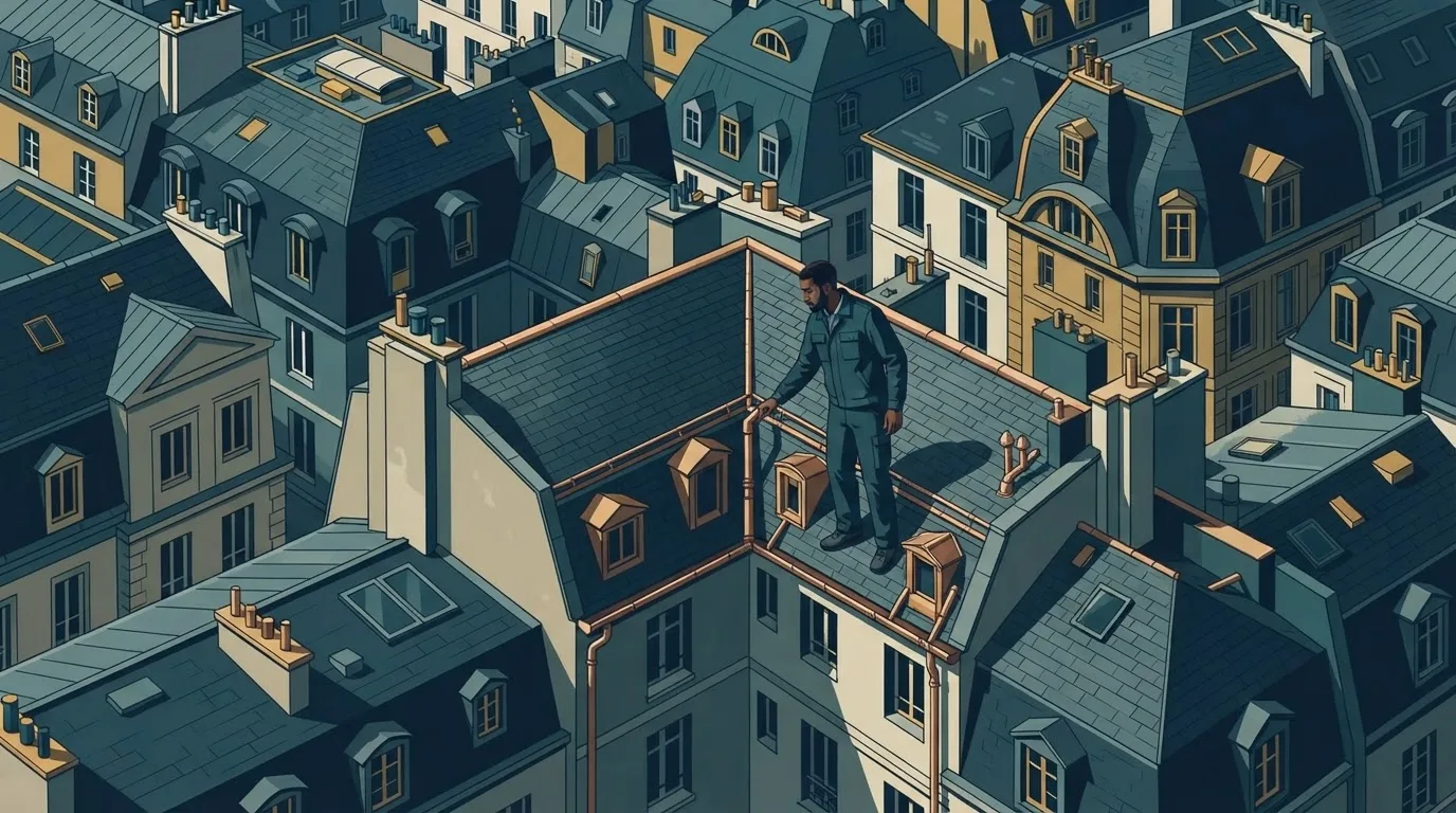 A building caretaker checks rooftops across a varied city block as storm clouds gather.