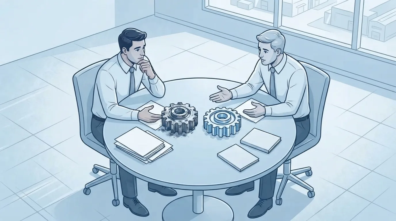 Two managers discuss a worn machine component and its clean replacement beside blank planning papers.