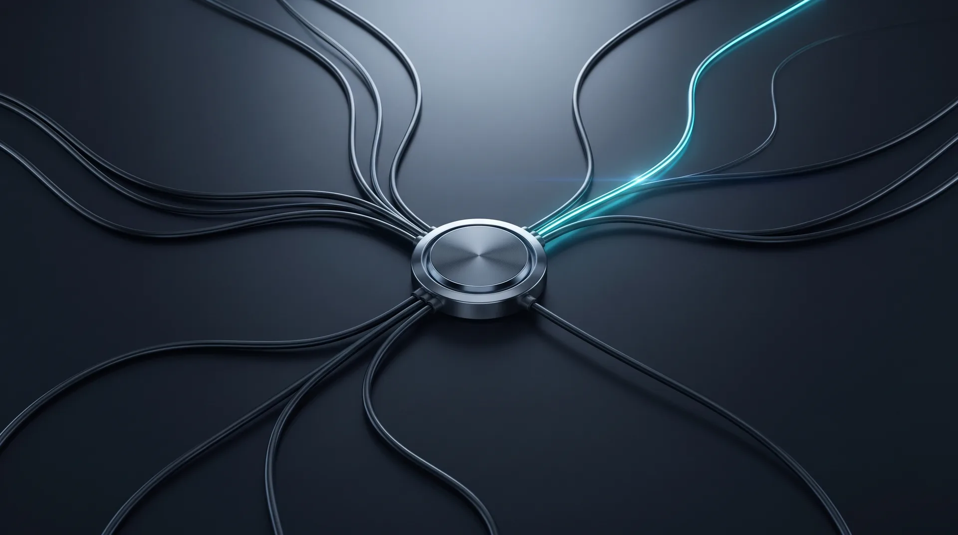 Cool-lit fiber strands converge at a polished graphite junction.