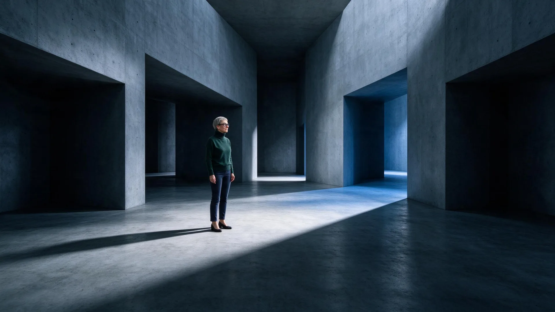 A person pauses at a branching concrete passage where one route is clearly lit.