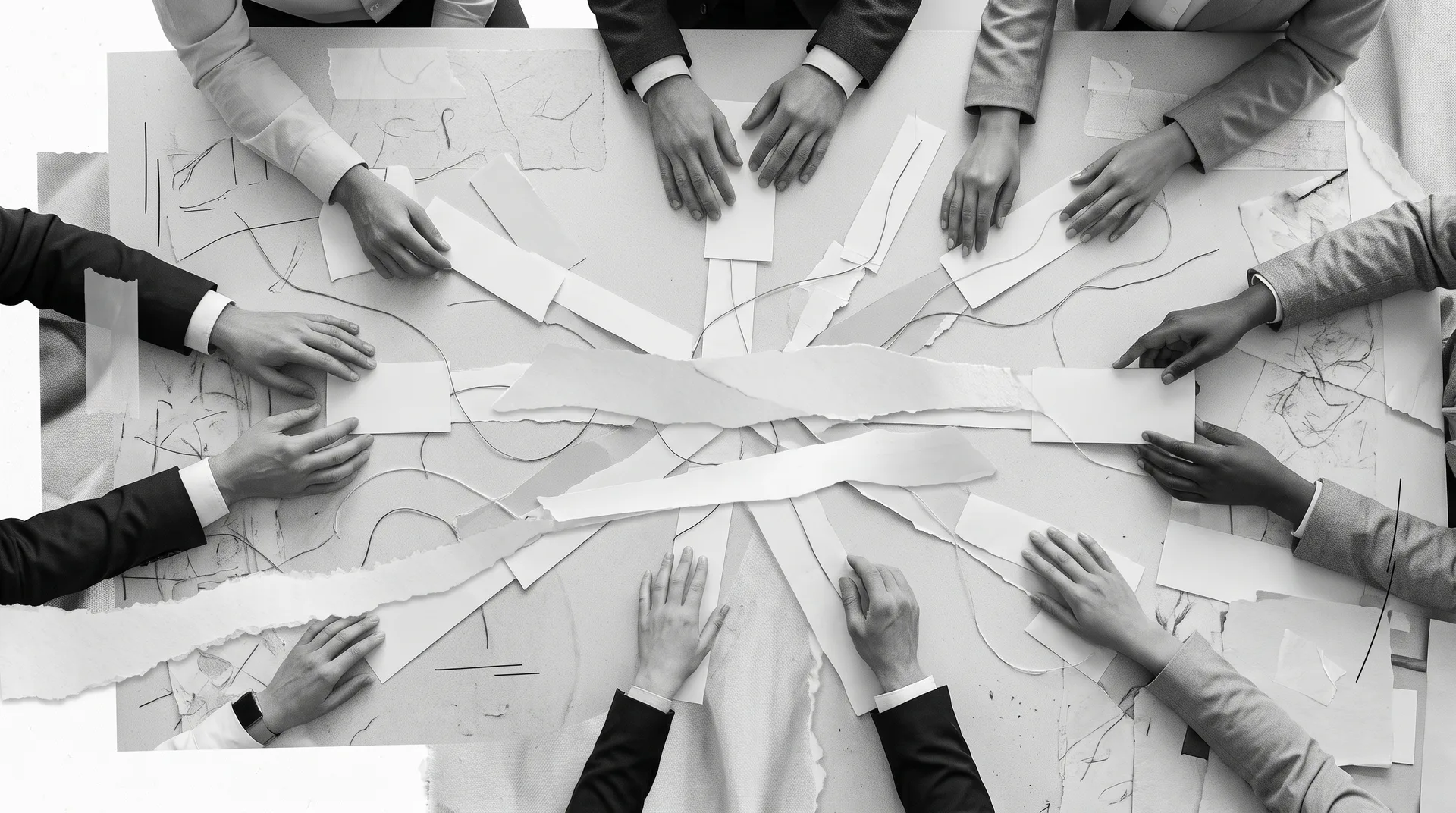 People gather around a table to study a branching arrangement of blank paper strips and thread.