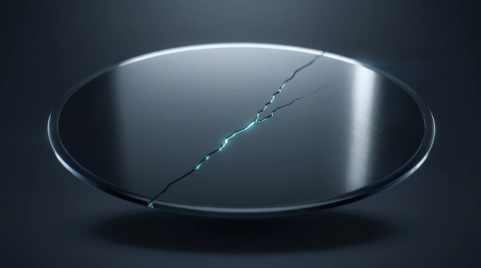 A fine cyan fissure crosses a dark silicon wafer.