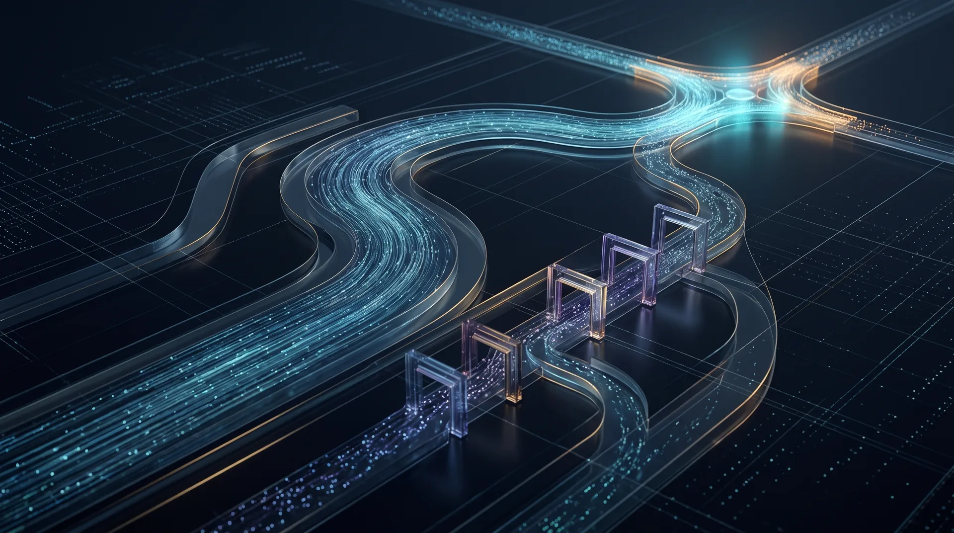 Luminous data streams cross a dark, layered landscape and converge at a bright node.