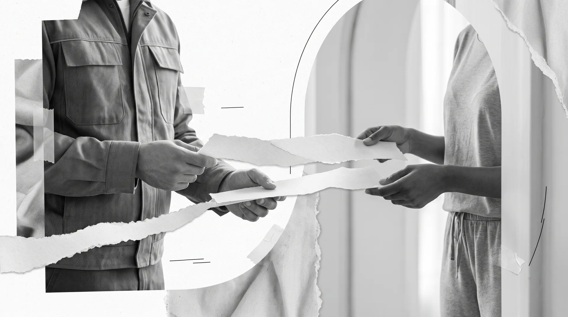 A customer and a service worker consider blank paper strips together in a bright doorway.