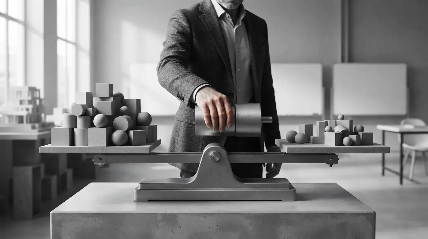 A planner adjusts a counterweight on a large balance mechanism beside groups of unmarked blocks.
