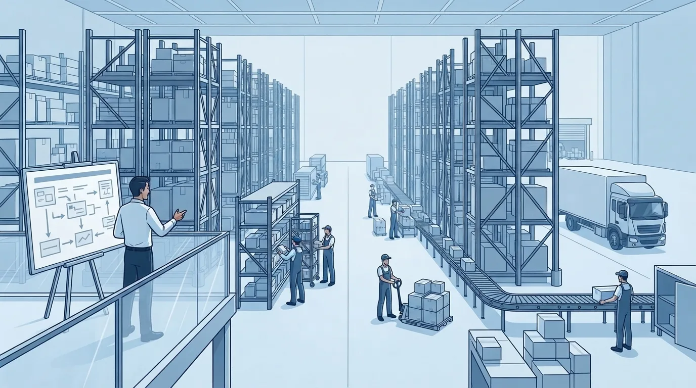 An operations manager surveys warehouse teams working across storage, packing, and loading areas.