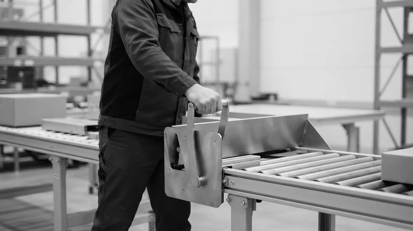 A worker operates a metal diverter that sends blank pieces onto a separate conveyor path.