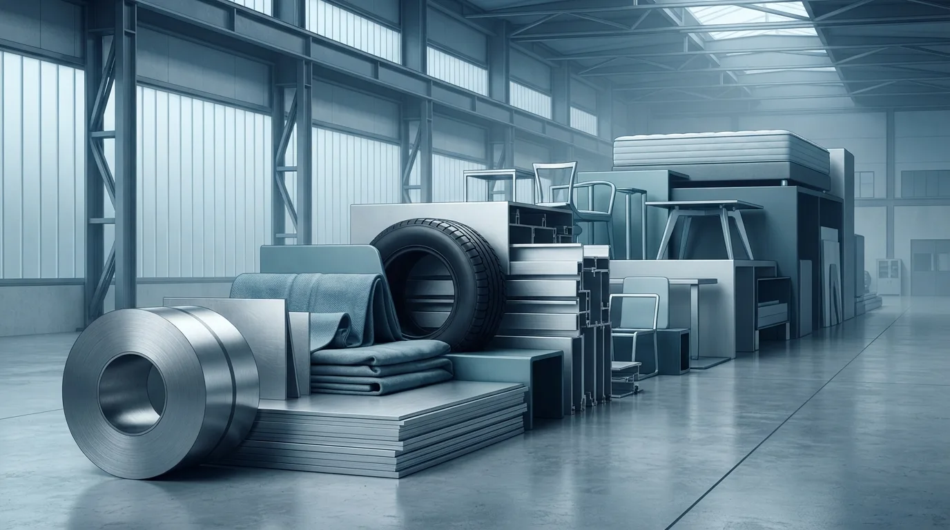 Steel, textiles, tires, aluminum and household forms create a stepped path through a cool-toned industrial hall.