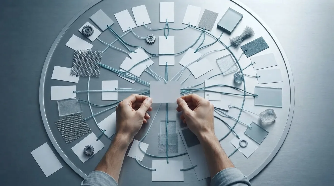 A person connects blank sample cards and material swatches with fine cords across a worktable.
