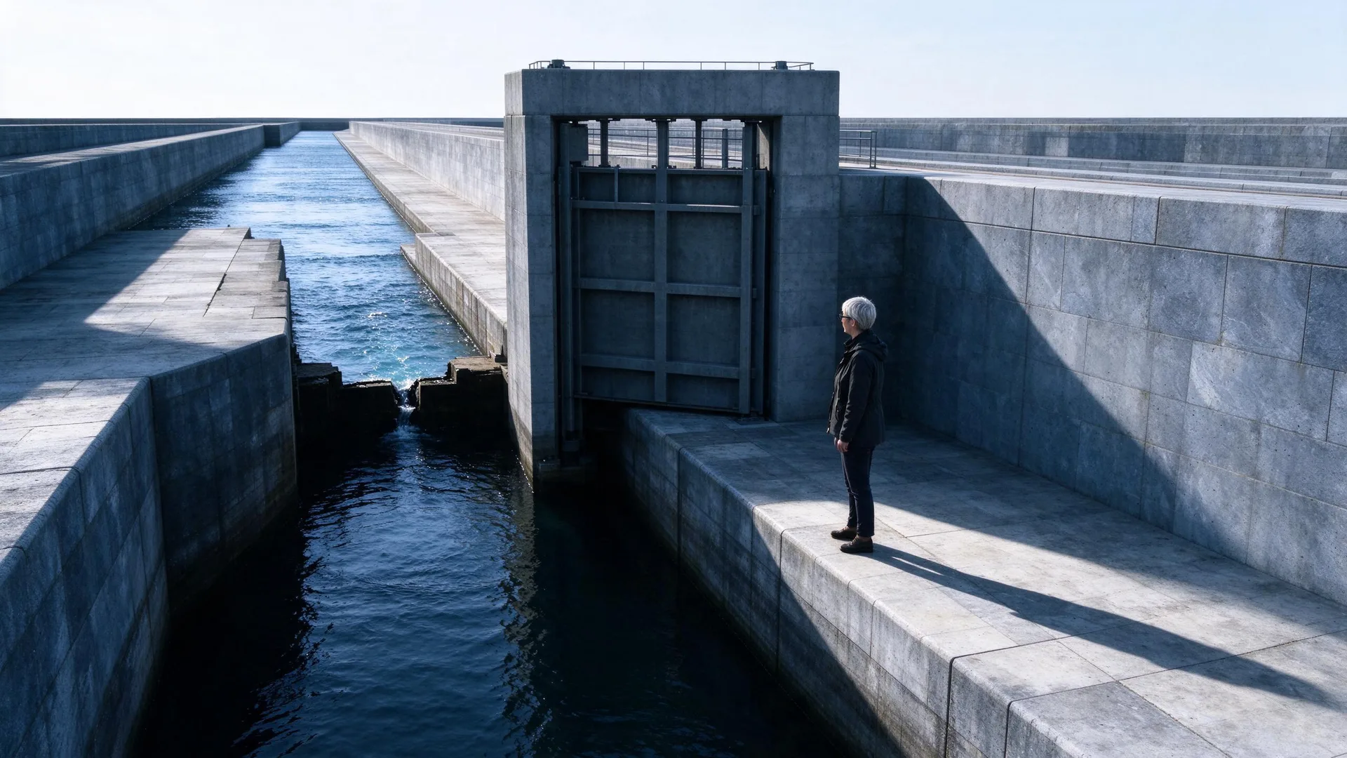 A person watches a stone channel reconnect across a gap in a broad concrete waterway.